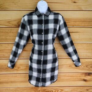 Victoria's Secret Button Up Tunic Shirt Womens Sz XS Black White‎ Plaid Sparkles